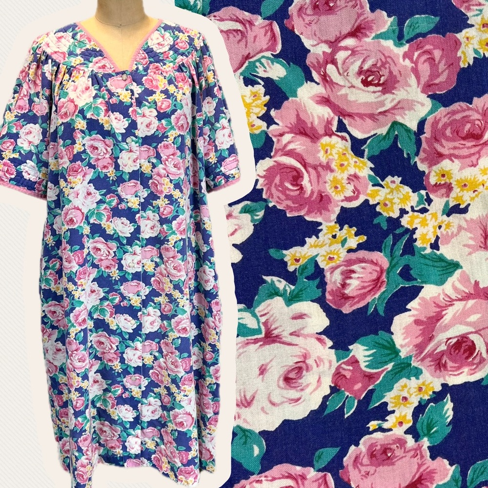 VINTAGE rose flower garden cottage house dress robe midi short sleeve pearl snap